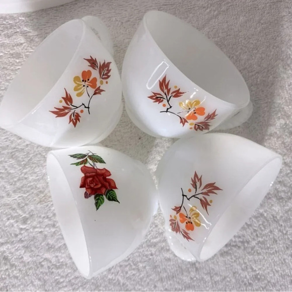 Vintage Federal Milk  Glass Autumn Blossom Tea Cups W Luncheon Plate Sets x4 - Picture 4 of 12